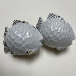 West Elm Y2k Porcelain Ceramic White And Gold  Fish salt & pepper shakers